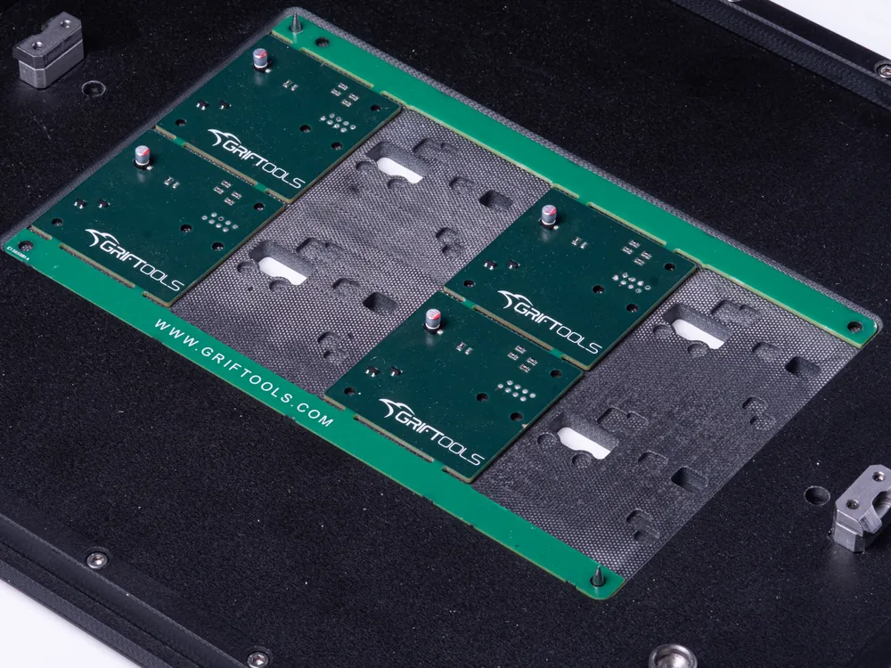 PCB nest plate with machined pockets on an RFA carrier