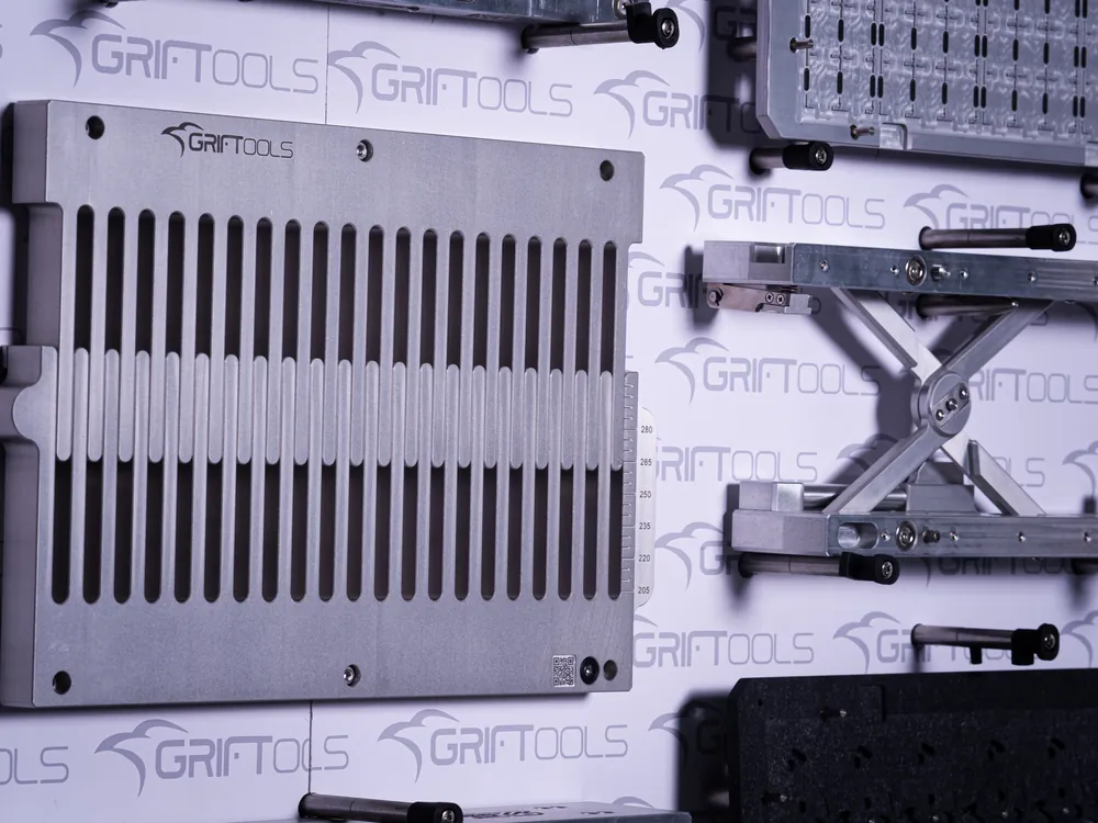 Machined print supports and FPS units on the Griftools exhibition wall