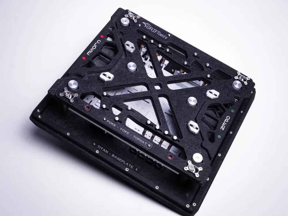 Wave solder carrier in three-quarter view with aluminium edge rails