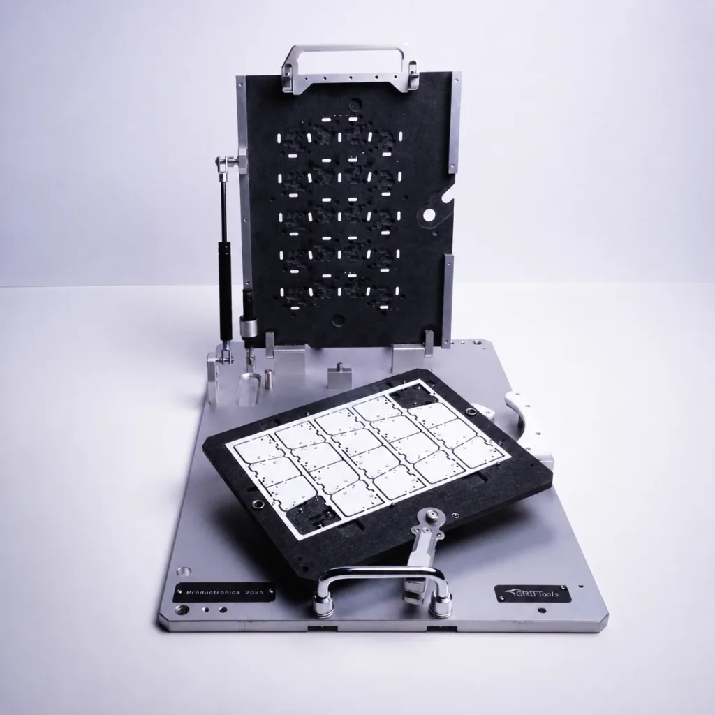 GrifTools PCB depaneling router fixture shown open with panel nest